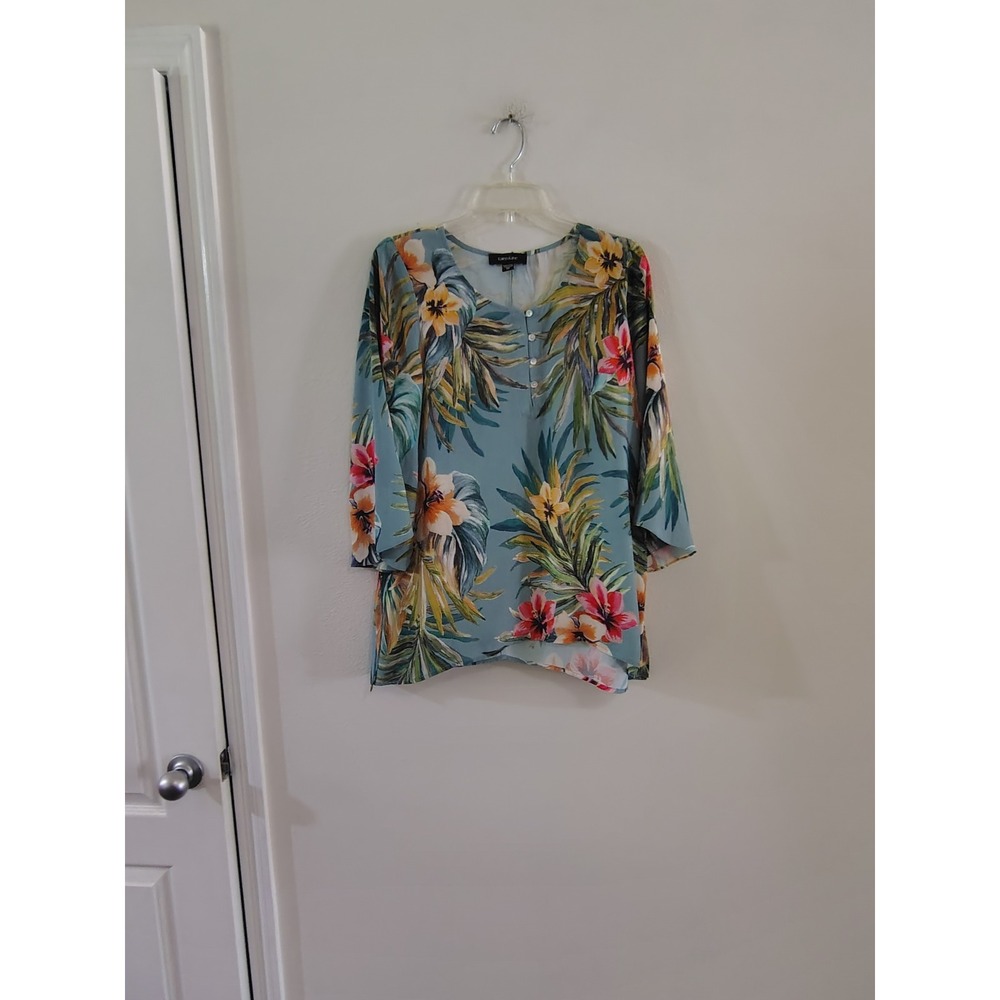 Karen Kane Tropical Floral Blouse Blue Hibiscus Palm Print 3/4 Sleeve Top XS - Picture 1 of 3